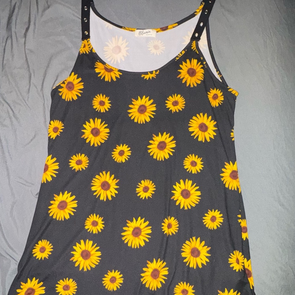 Sunflower Print Black Tank Top with Stud Strap Detail